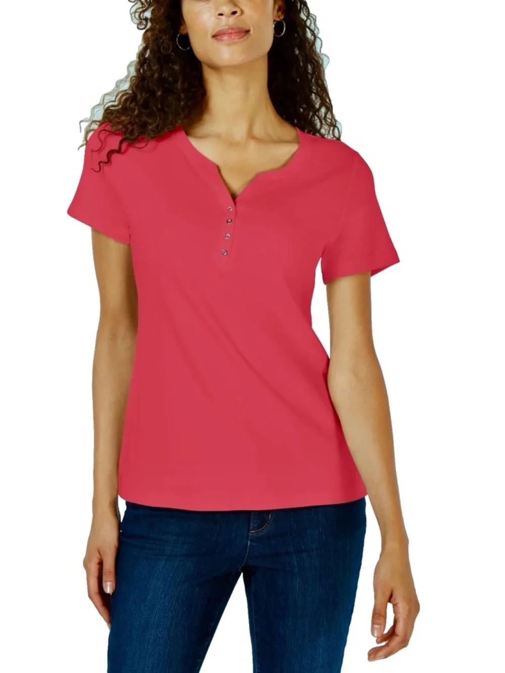 Karen Scott Women's Pink Short Sleeve Henley Top Size L